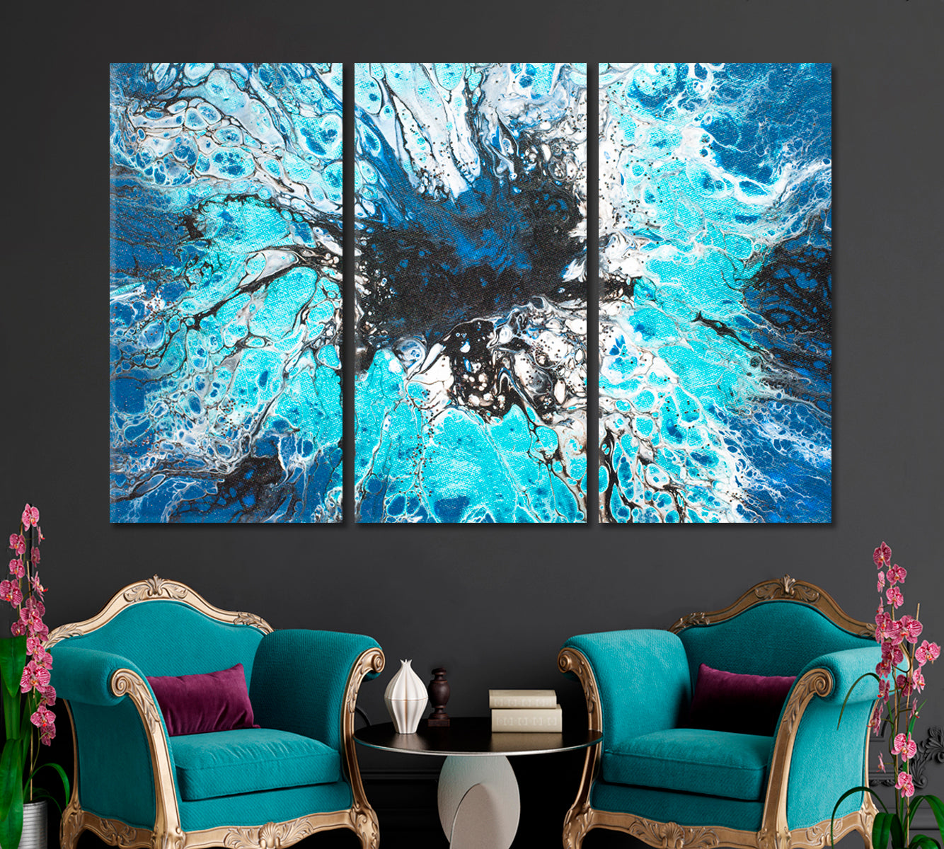 Vibrant Blue Turquoise Black Stains Abstract Geode Resin Painting Fluid Art, Oriental Marbling Canvas Print Artesty 3 panels 36" x 24" 