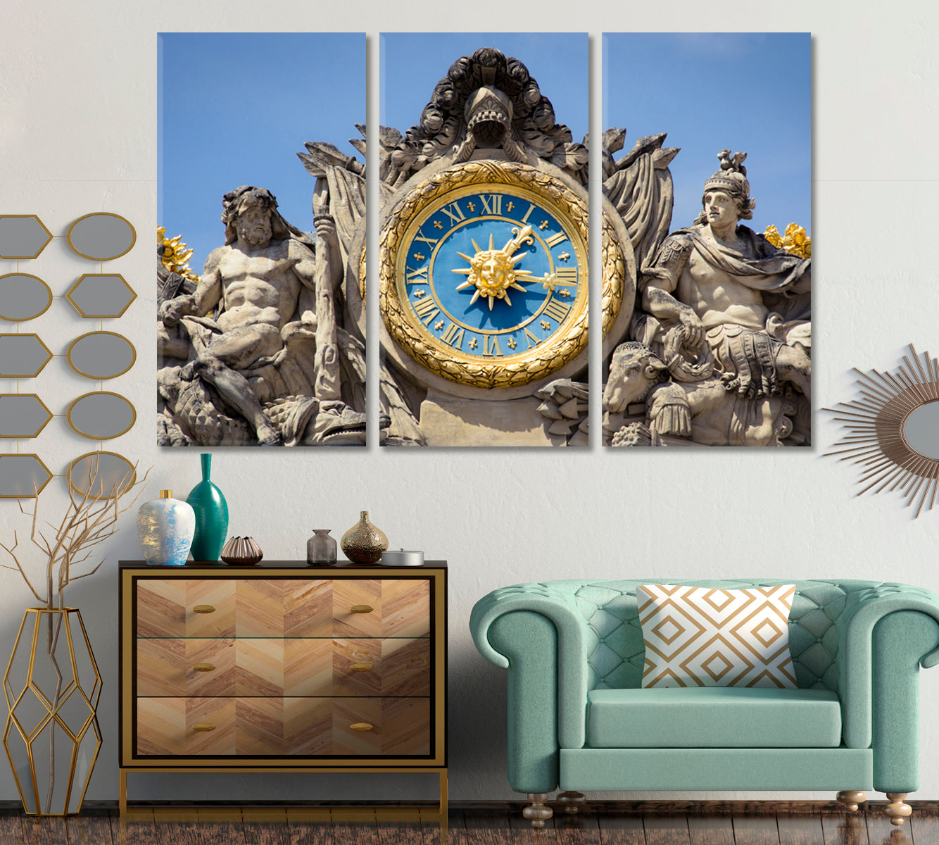 VERSAILLE PALACE Versailles Golden Clock Wall Art Canvas Print Famous Landmarks Artwork Print Artesty 3 panels 36" x 24" 