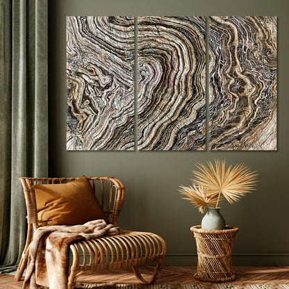 Marble Wave Pattern Tree Age Rings Brown Abstract Fluid Art, Oriental Marbling Canvas Print Artesty 3 panels 36" x 24" 