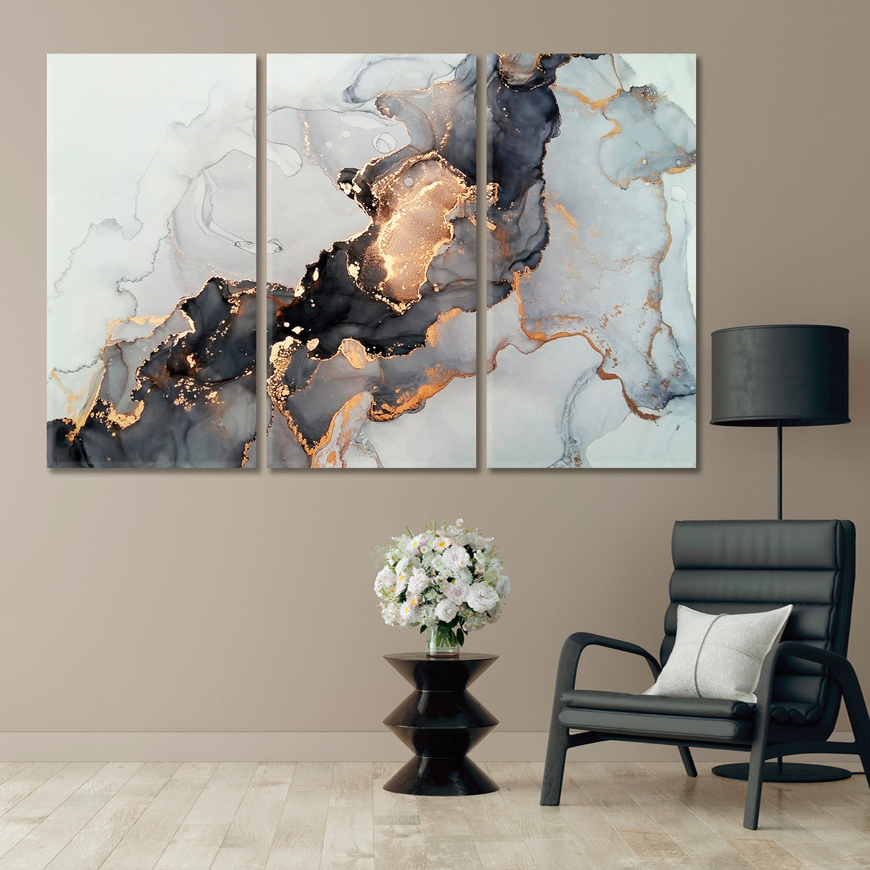 Luxury Abstract Fluid Art Alcohol Ink Technique Black Gold Effect Canvas Print Fluid Art, Oriental Marbling Canvas Print Artesty   