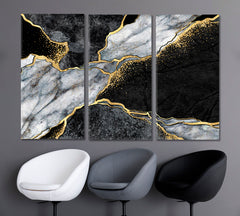 GRAY Marble Granite Gold Veins Abstract Giclée Print Fluid Art, Oriental Marbling Canvas Print Artesty 3 panels 36" x 24" 