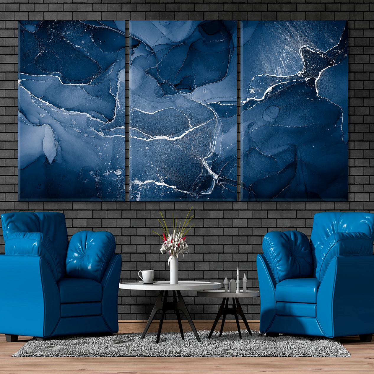 Beautiful Dark Blue Trendy Ink Translucent Marble Veining Powder Fluid Art, Oriental Marbling Canvas Print Artesty   