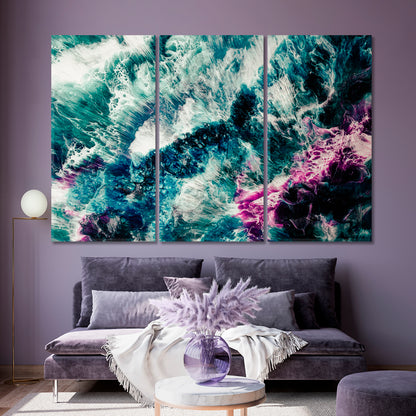 INK MIX Teal Blue Green White Purple Wave Splash Foam Effect Fluid Art, Oriental Marbling Canvas Print Artesty 3 panels 36" x 24" 