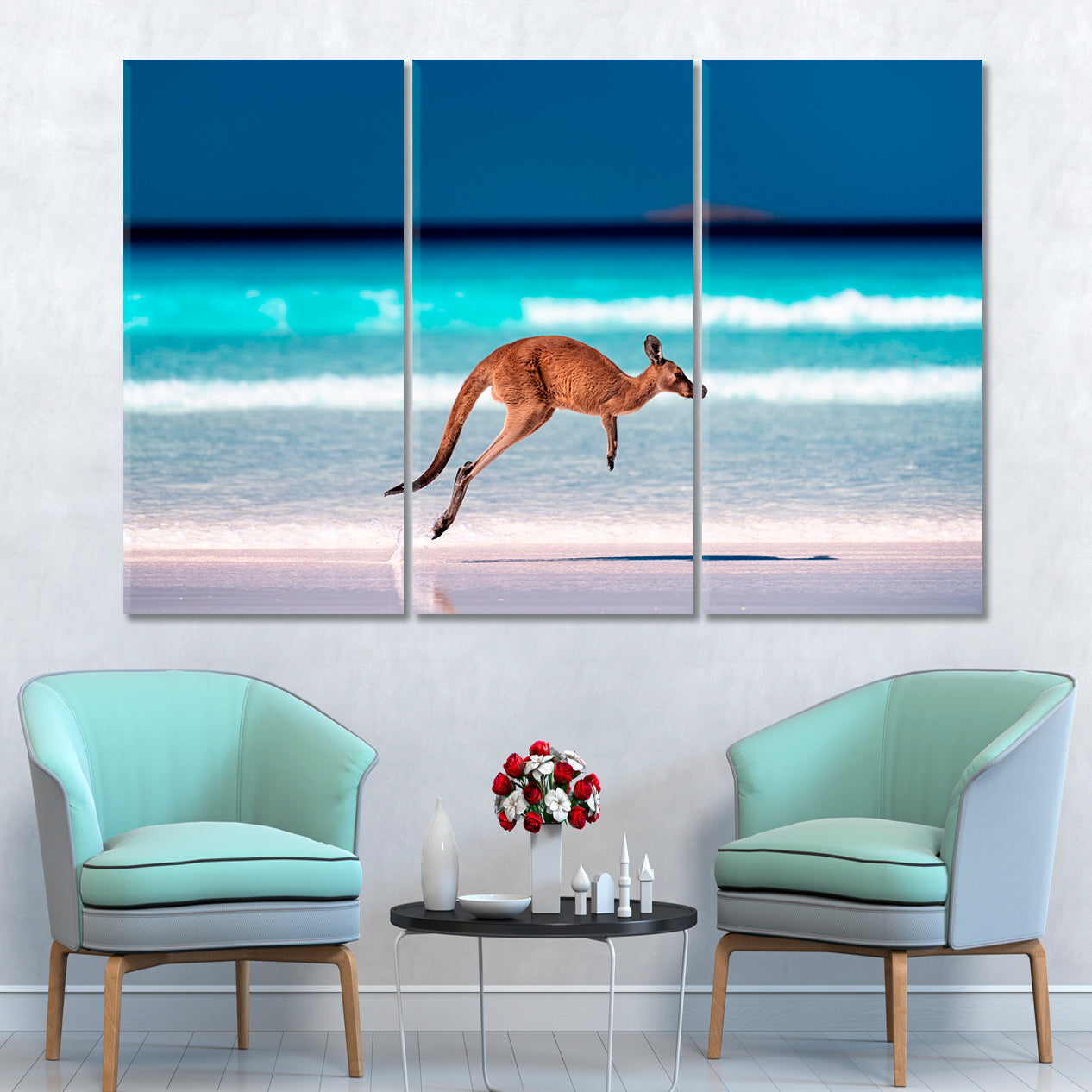 KANGAROO Azure Blue Sea Beach Cape Le Grand National Park Australia Countries Canvas Print Artesty 3 panels 36" x 24" 