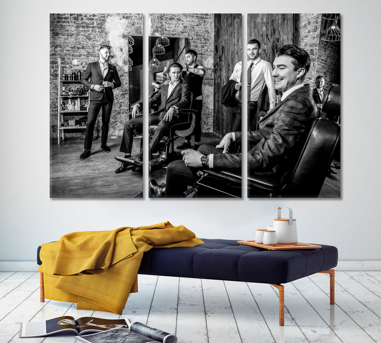 Elegant Man Barbershop Black-white Beauty Salon Artwork Prints Artesty 3 panels 36" x 24" 