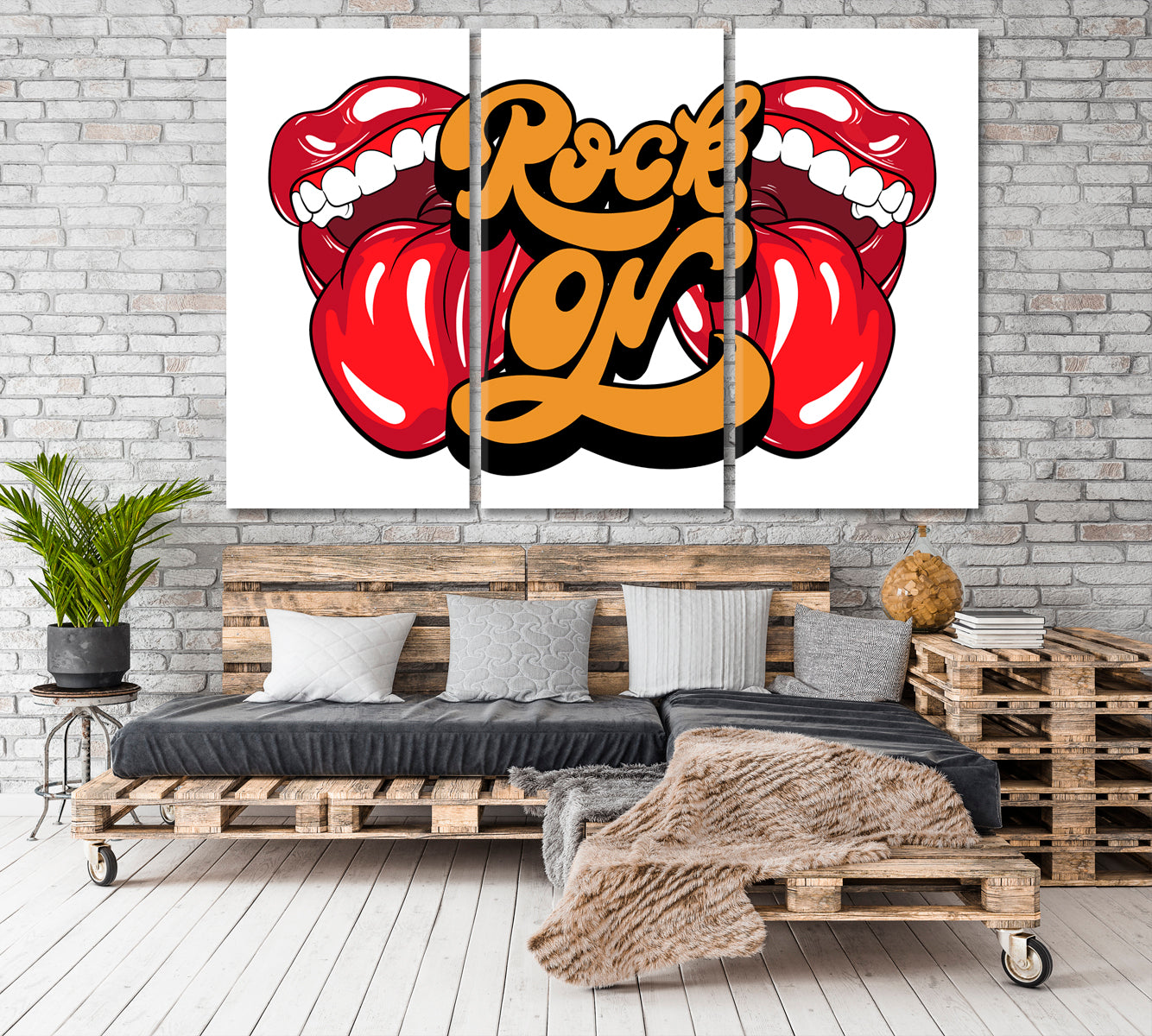 ROCK ON Rolling Stones Tongue Lips Open Mouth Rock And Roll Poster Pop Art Canvas Print Artesty 3 panels 36" x 24" 
