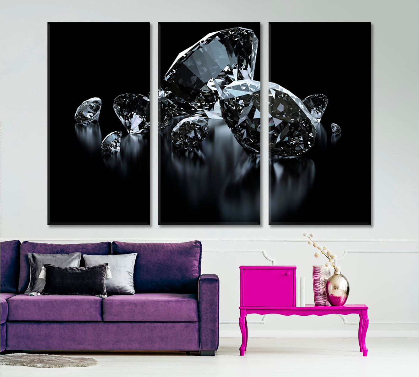 Beautiful Luxury Diamonds On Black Artwork Black and White Wall Art Print Artesty 3 panels 36" x 24" 