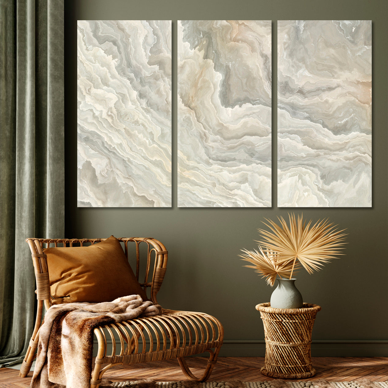 MARBLE Abstract White Onyx Wavy Pattern Natural Beauty Fluid Art, Oriental Marbling Canvas Print Artesty 3 panels 36" x 24" 