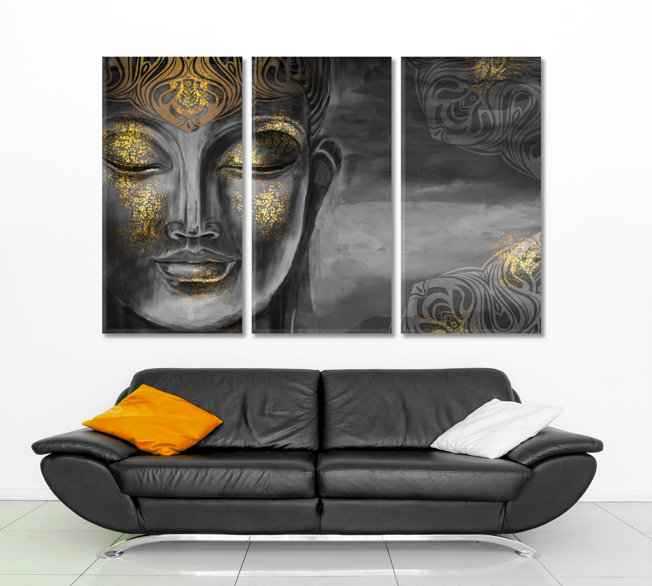 Buddha Bodhisattva Modern Grey Gold Painting Religious Modern Art Artesty 3 panels 36" x 24" 