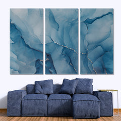 BLUE SKY Ink Colors Translucent Abstract Marble Veins Fluid Art, Oriental Marbling Canvas Print Artesty 3 panels 36" x 24" 