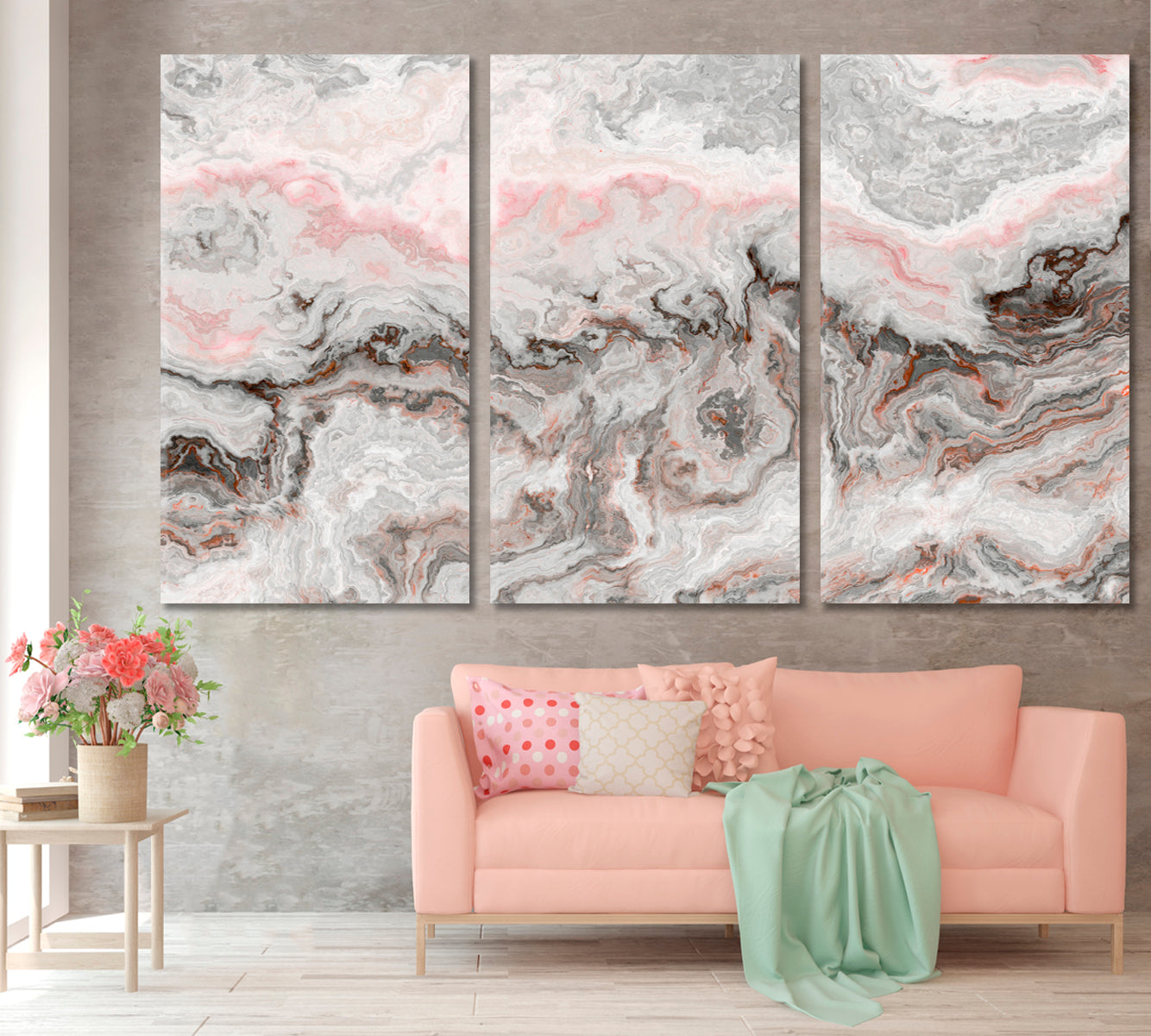 Marble Pattern Gray Off White Pink Beige Pastel Colors Fluid Art, Oriental Marbling Canvas Print Artesty 3 panels 36" x 24" 