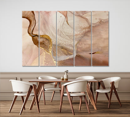 Tender Beige And Ivory Pastel Colors Golden Veins Abstract Marble Fluid Art, Oriental Marbling Canvas Print Artesty   