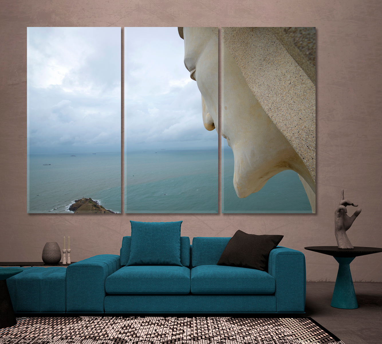 LORD WATCHING US, Giant Statue Jesus Christ China Sea Scenery Vung Tau Vietnam Canvas Print Religious Modern Art Artesty 3 panels 36" x 24" 