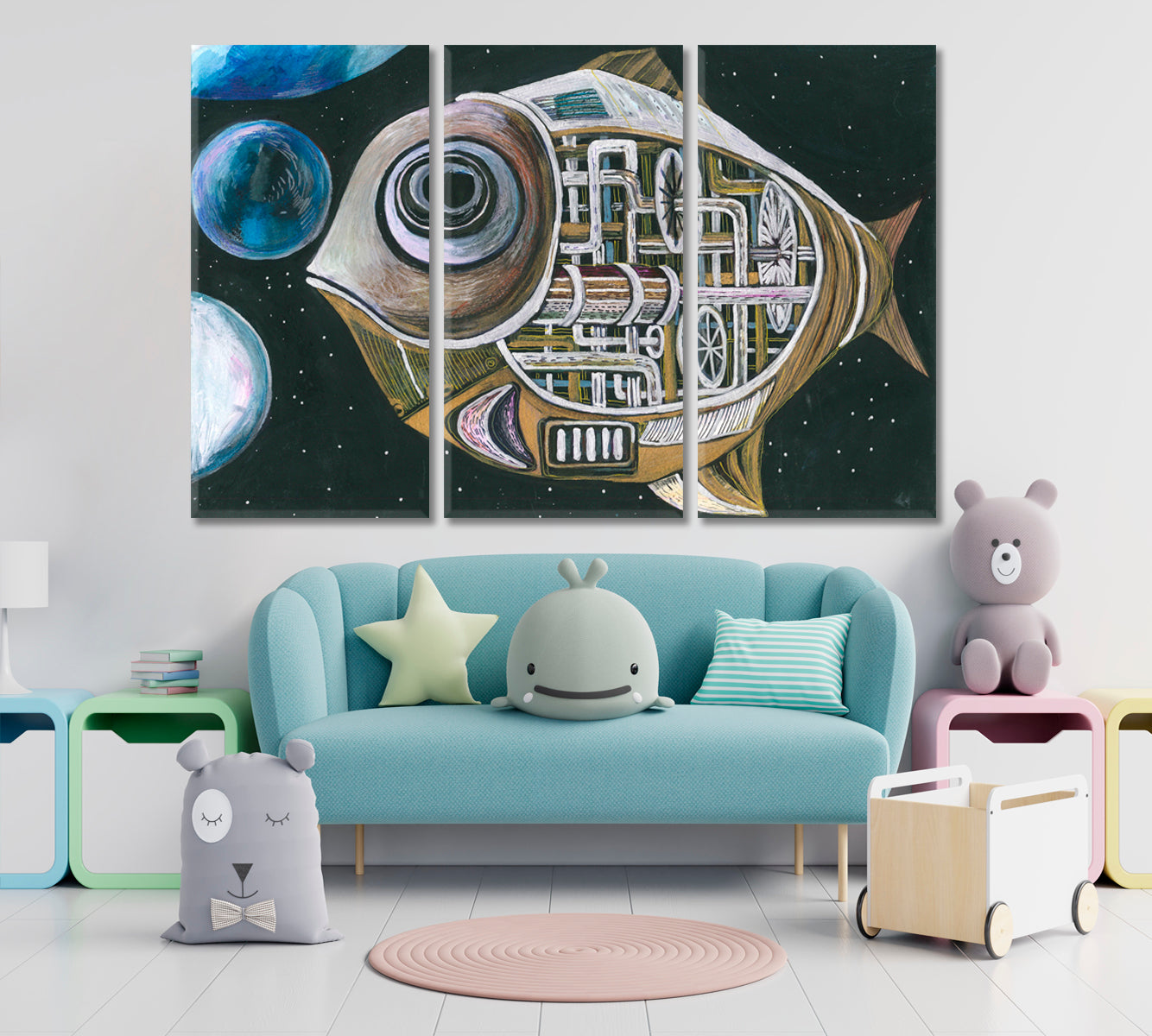 Big Space Mechanical Fish Surreal Abstract Steampunk Style Contemporary Art Artesty 3 panels 36" x 24" 