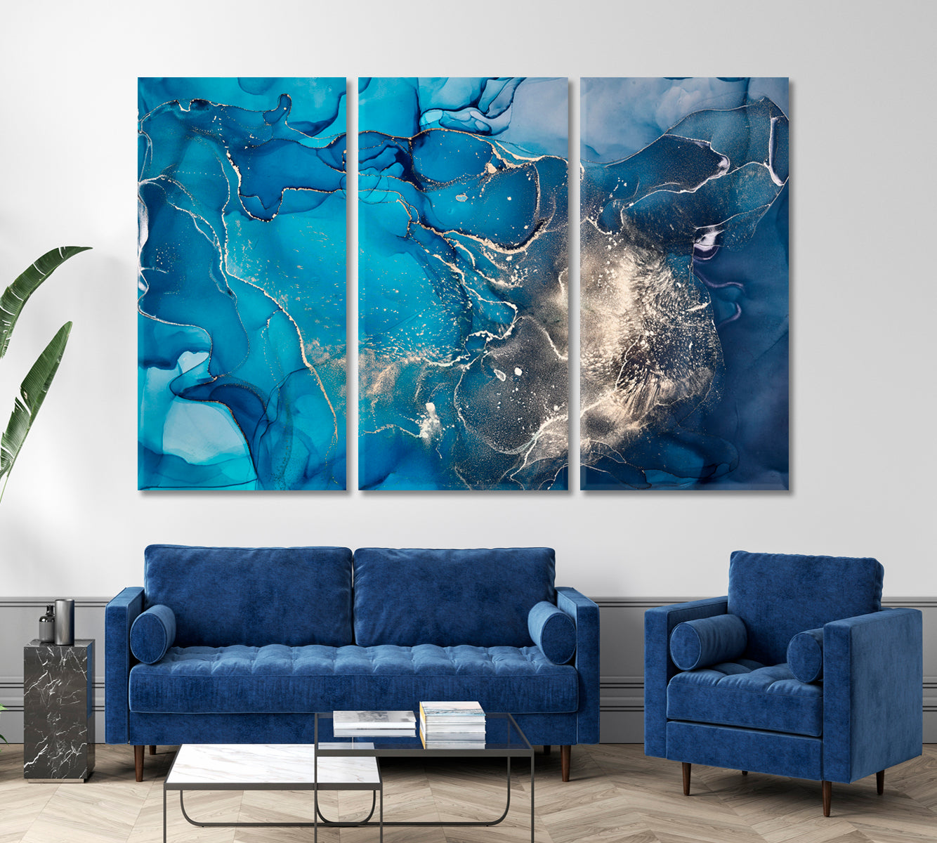 BLUE SKY Abstract Design Ink Colors Translucent Marble Fluid Art, Oriental Marbling Canvas Print Artesty 3 panels 36" x 24" 