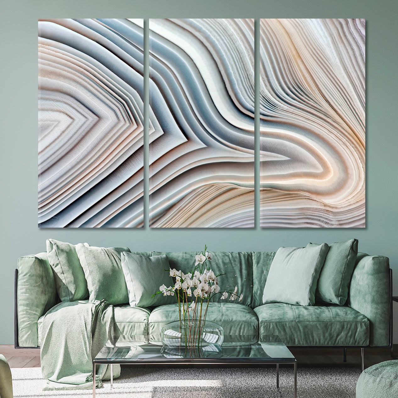 MARBLE ABSTRACT NATURALISM Amazing Agate Banded Crystal Fluid Art, Oriental Marbling Canvas Print Artesty 3 panels 36" x 24" 