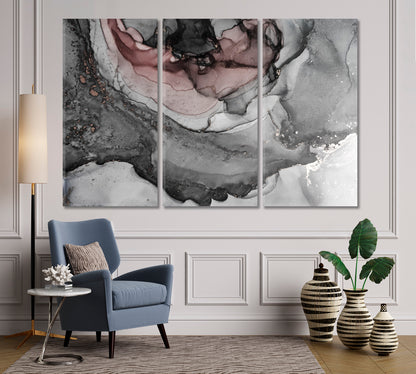 Delicate Pale Contrast Grayscale Alcohol ink Pigment Aquamarine Spots Fluid Art, Oriental Marbling Canvas Print Artesty   