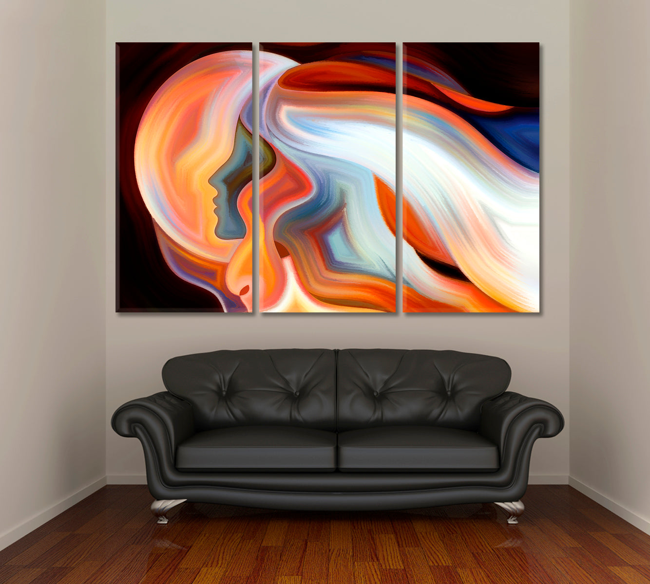 MOON AND HUMAN SILOUETTS Orange On Black Modern Art Contemporary Art Artesty 3 panels 36" x 24" 