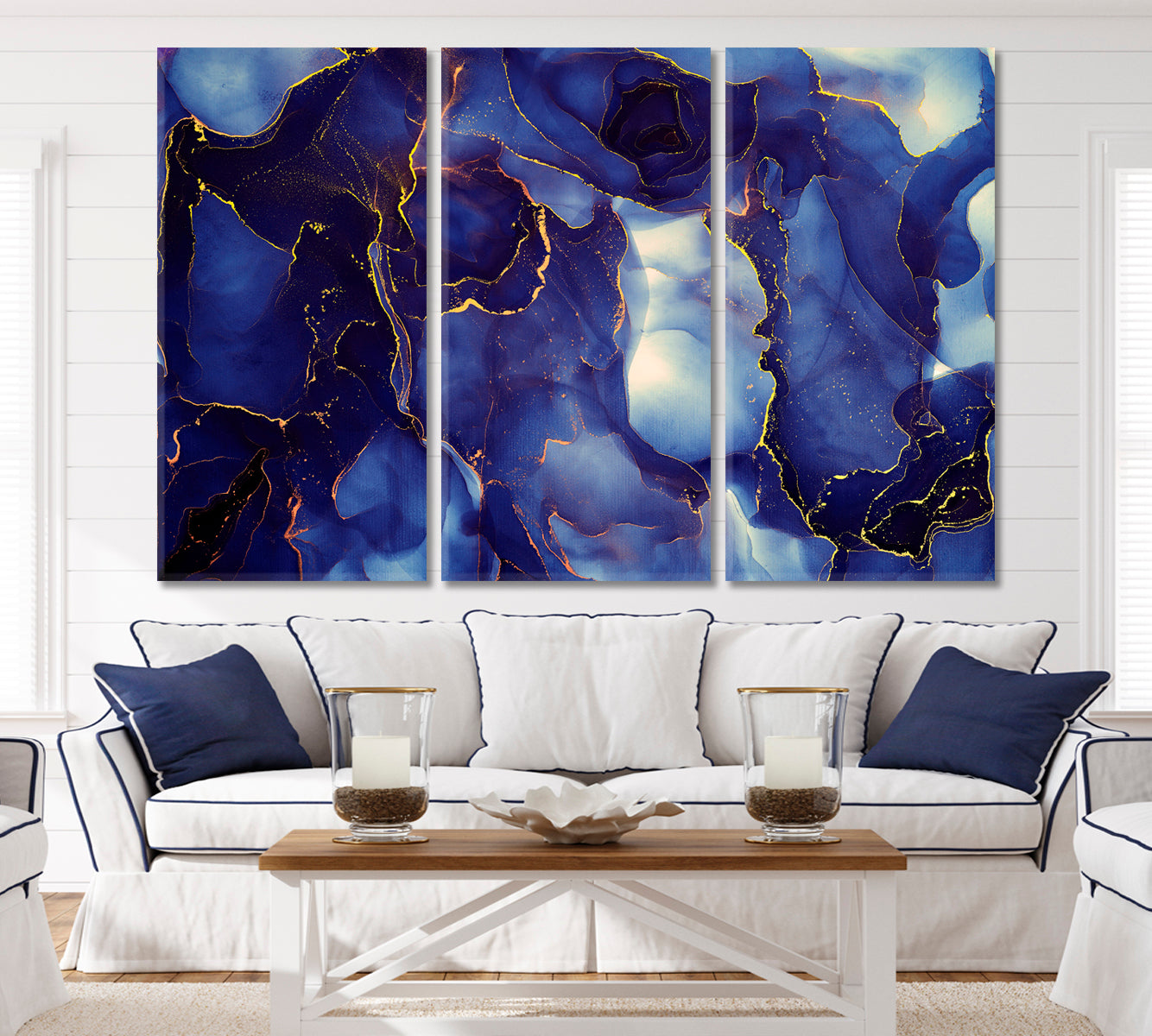 Transparent Navy Blue Marble Ink Waves Pattern Poster Fluid Art, Oriental Marbling Canvas Print Artesty 3 panels 36" x 24" 