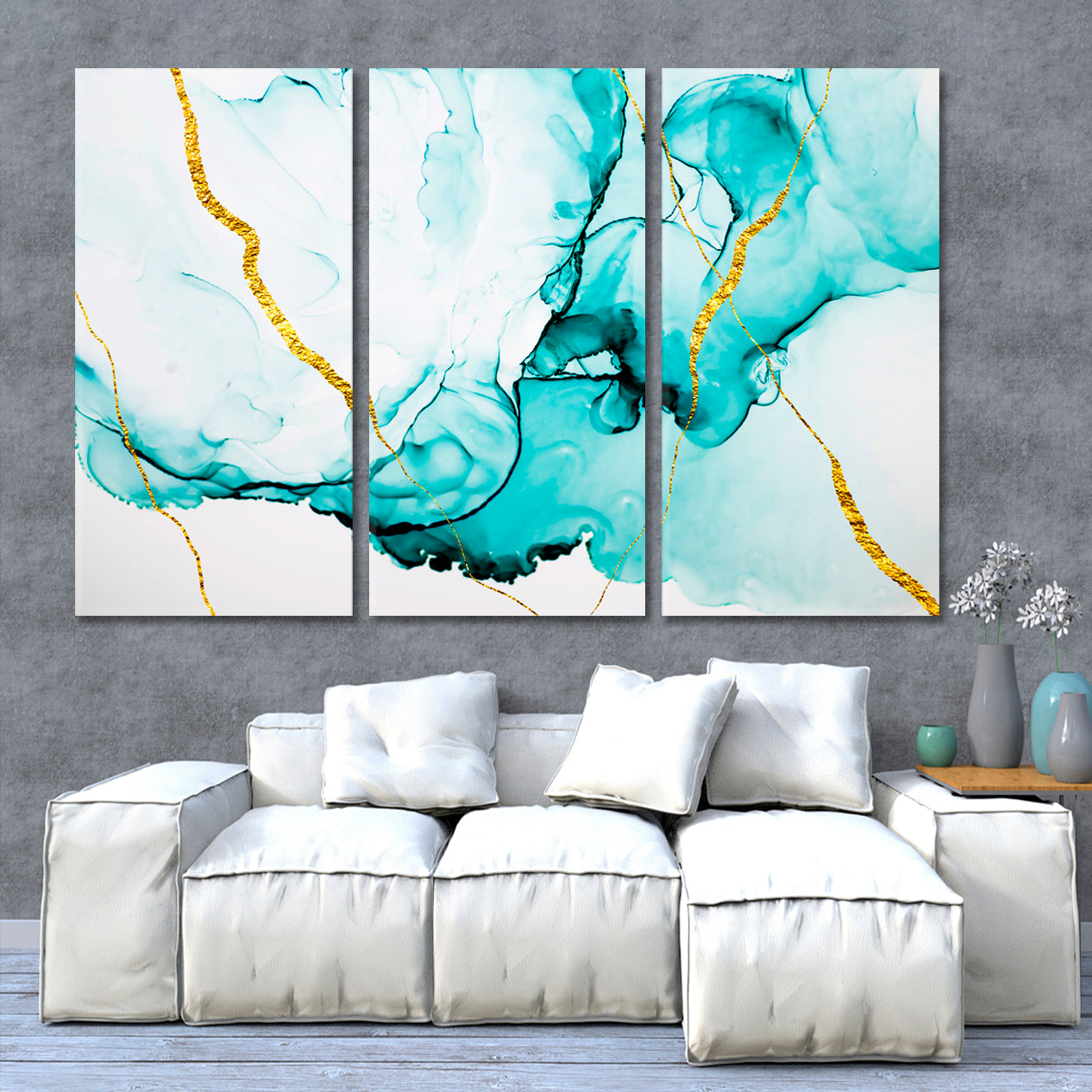 SMOCK IN MOTION Green Blue Gold Ink In Water Natural Luxury Marble Fluid Art, Oriental Marbling Canvas Print Artesty 3 panels 36" x 24" 
