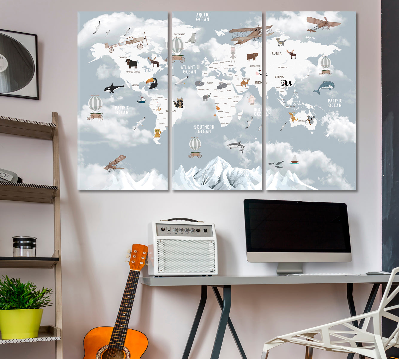 WORLD MAP Animals Map for Kids Nursery Room Maps Canvas Artwork Artesty   