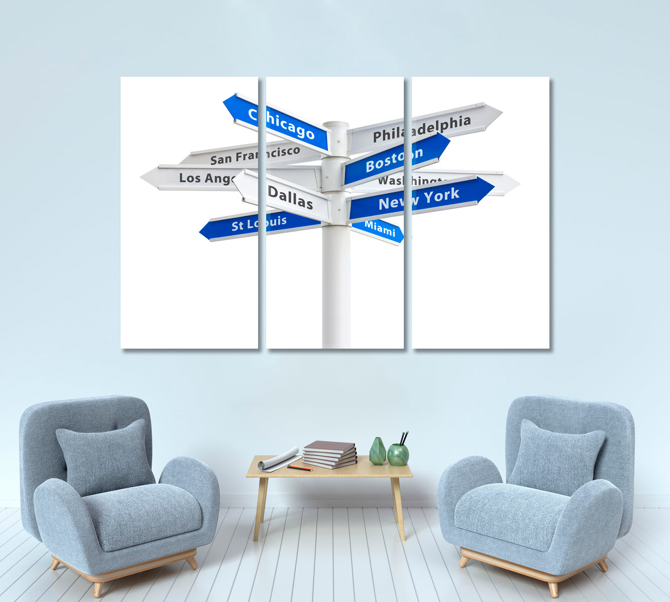 Major US Cities Crossroads Sign Canvas Print Cities Wall Art Artesty 3 panels 36" x 24" 