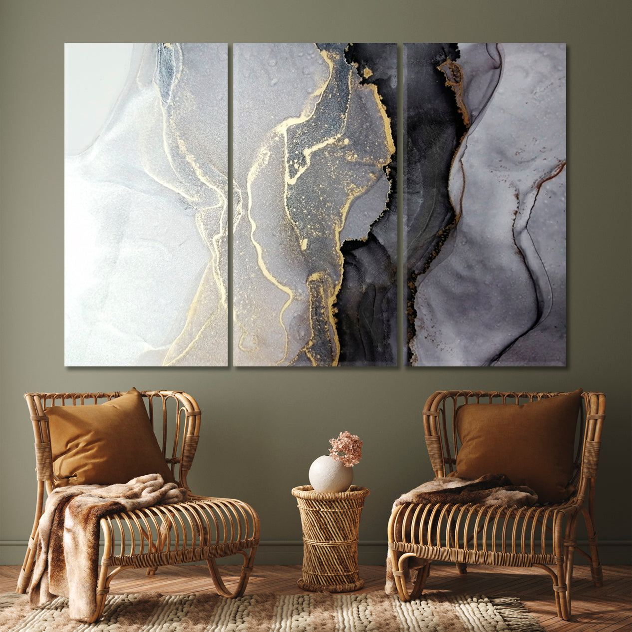 Luxury Abstract Fluid Art Alcohol Ink Black and Gold Fluid Art, Oriental Marbling Canvas Print Artesty 3 panels 36" x 24" 