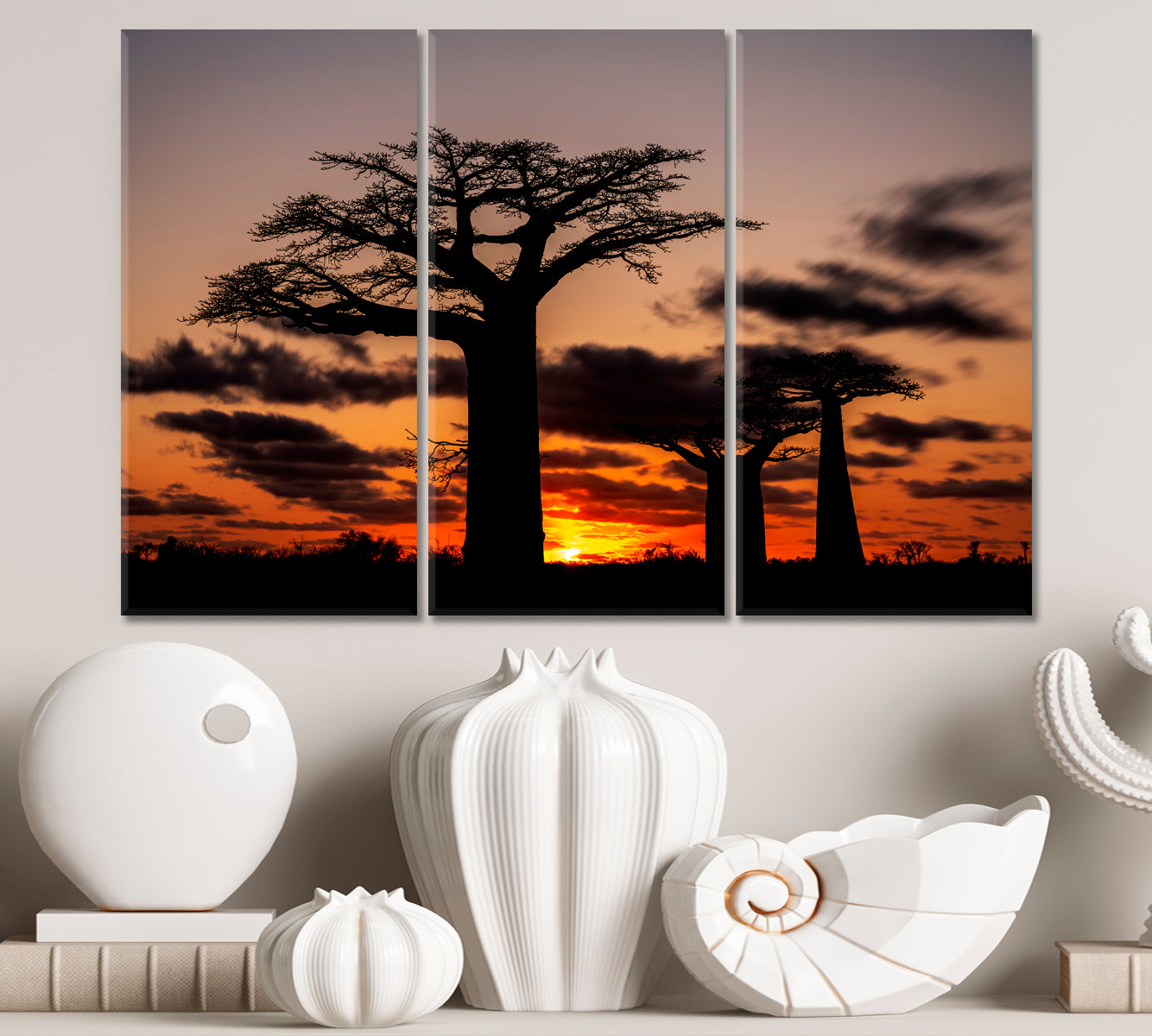 African Landscape Night View Huge Baobabs Nature Wall Canvas Print Artesty 3 panels 36" x 24" 