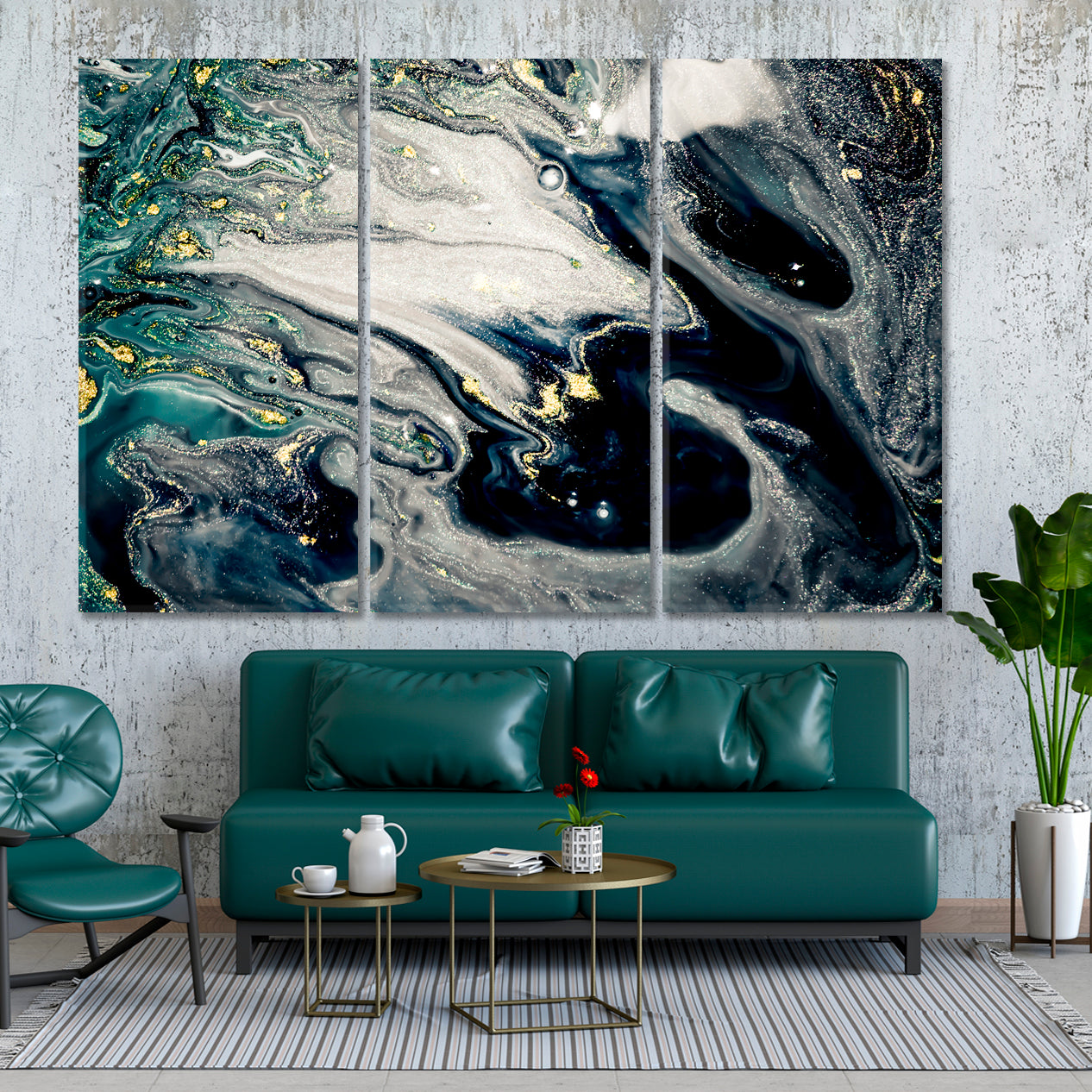 GREEN MALACHITE Inkwell Teal Metallic Silver Effect Marble Acrylic Mix Fluid Art, Oriental Marbling Canvas Print Artesty 3 panels 36" x 24" 