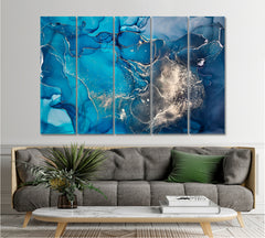 BLUE SKY Abstract Design Ink Colors Translucent Marble Fluid Art, Oriental Marbling Canvas Print Artesty 5 panels 36" x 24" 