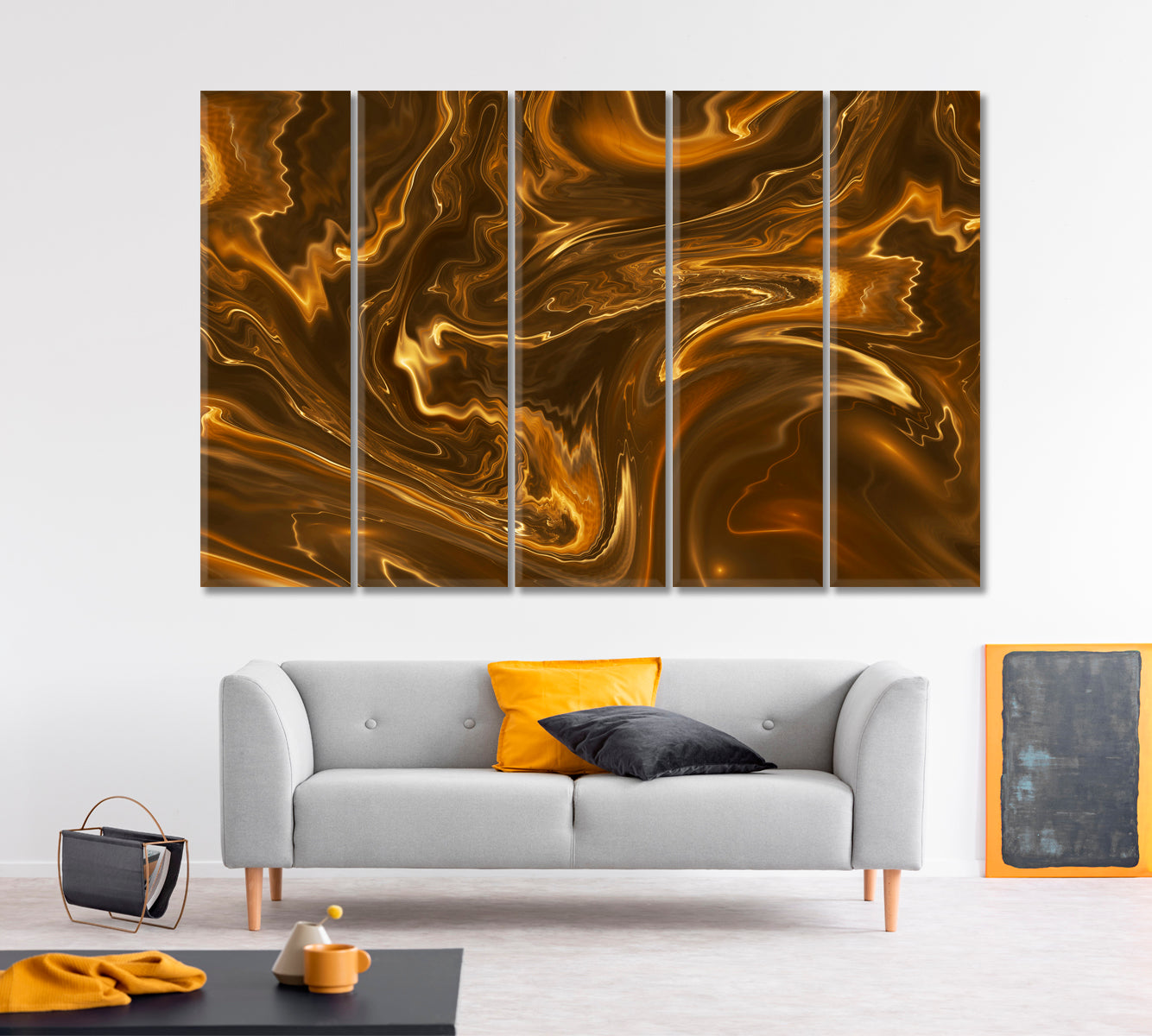 Brown Marble Abstract Colorful Wavy Fluid Art, Oriental Marbling Canvas Print Artesty 5 panels 36" x 24" 
