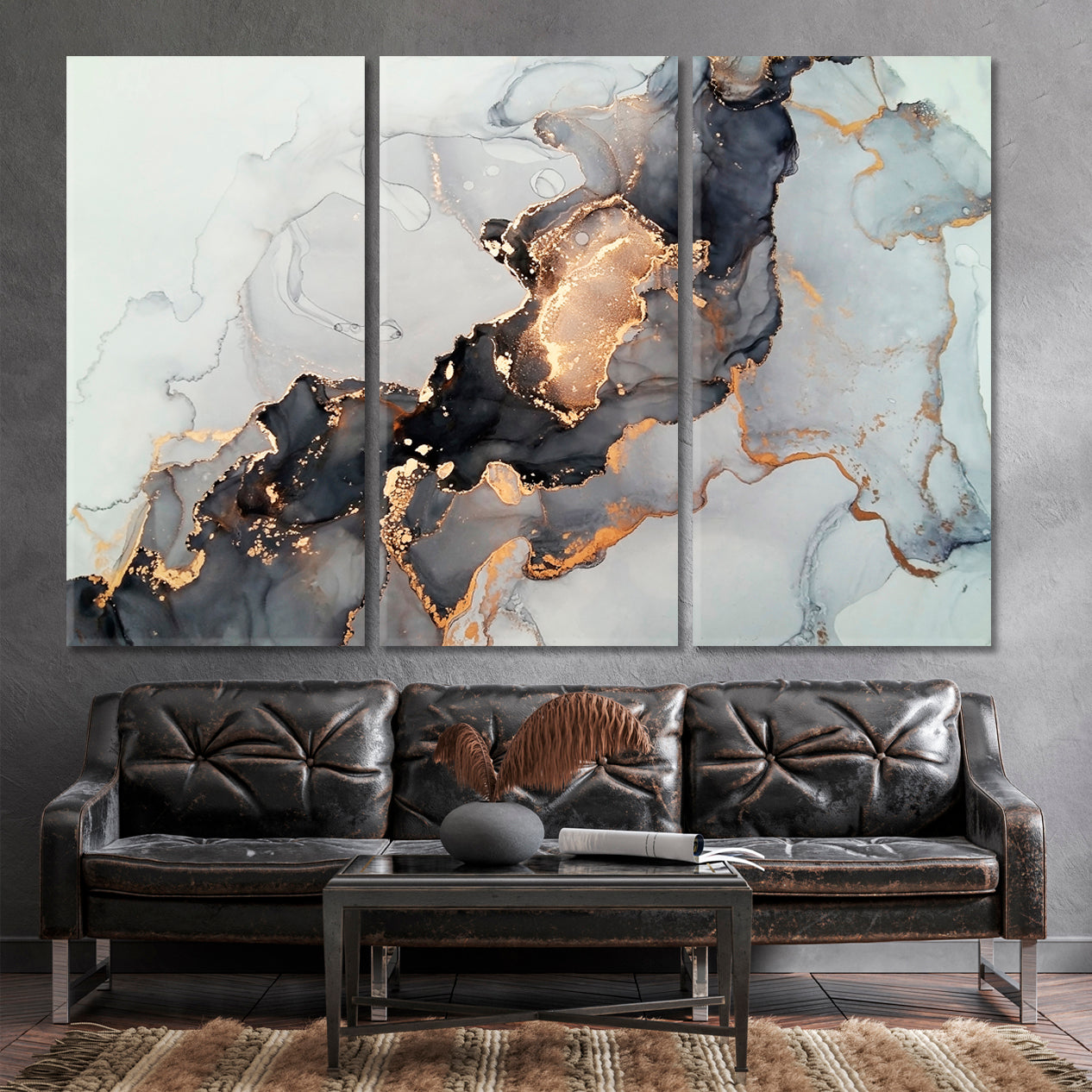 Luxury Abstract Fluid Art Alcohol Ink Technique Black Gold Effect Canvas Print Fluid Art, Oriental Marbling Canvas Print Artesty   