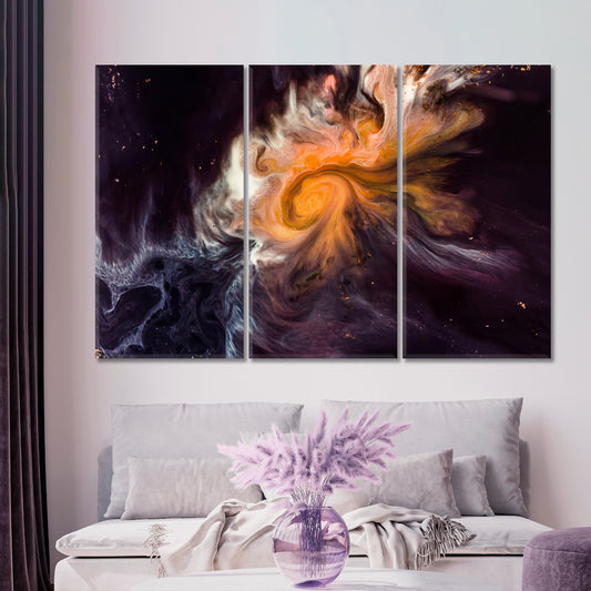 MOVEMENT OF PAINTS Dark Purple Orange Marble Fluid Art, Oriental Marbling Canvas Print Artesty 3 panels 36" x 24" 