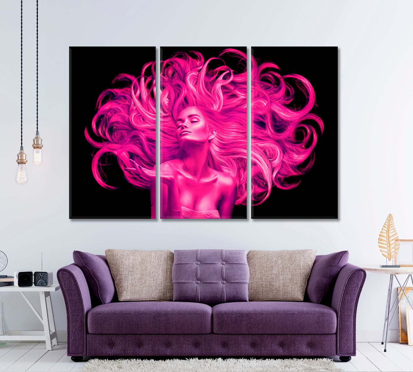 Pink Fluttering Hair Beautiful Woman Hairstyle Beauty Salon Concept Beauty Salon Artwork Prints Artesty 3 panels 36" x 24" 