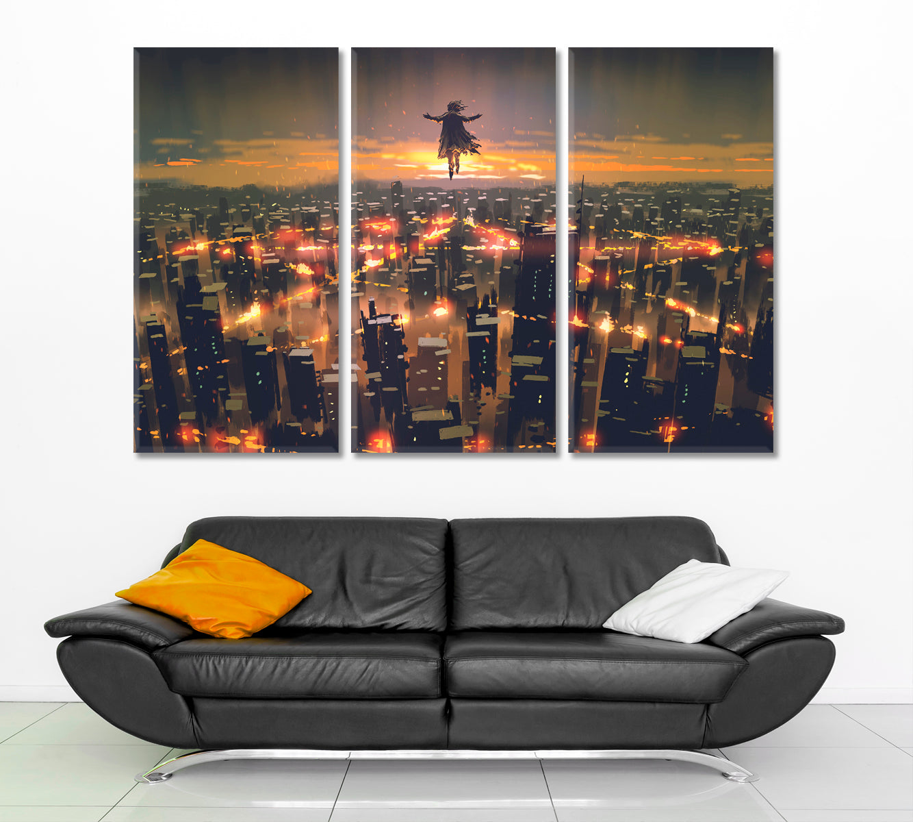 Man Floating Sky Over City Fantasy Surreal Painting Surreal Fantasy Large Art Print Décor Artesty 3 panels 36" x 24" 