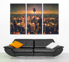 Man Floating Sky Over City Fantasy Surreal Painting Surreal Fantasy Large Art Print Décor Artesty 3 panels 36" x 24" 