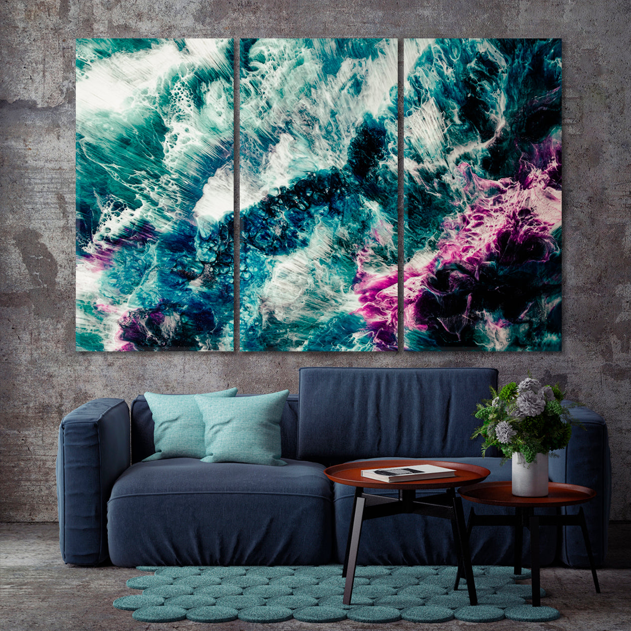 INK MIX Teal Blue Green White Purple Wave Splash Foam Effect Fluid Art, Oriental Marbling Canvas Print Artesty   