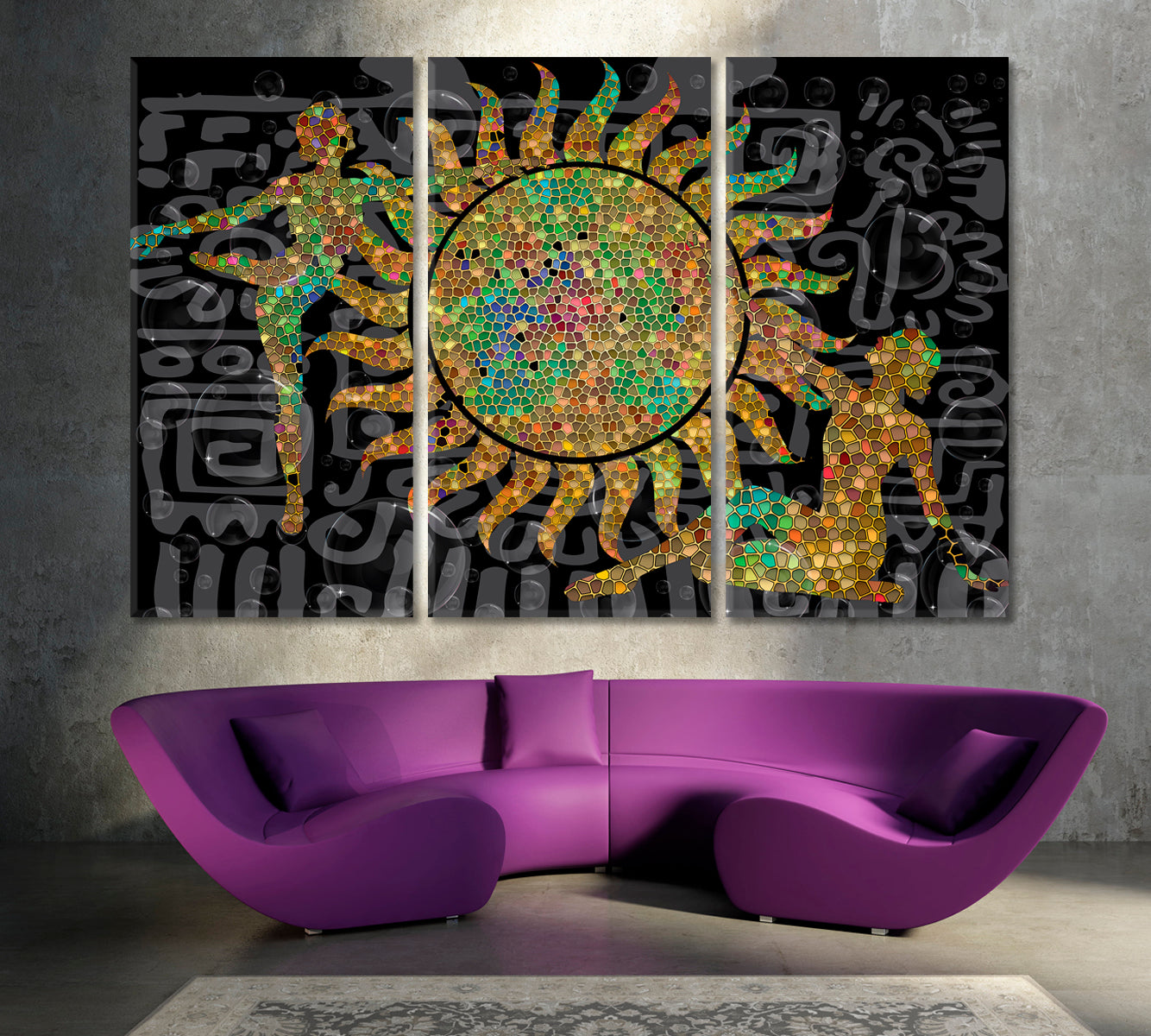 SOLAR ENERGY Constructive Abstract Figurative Boho Pattern Collage Contemporary Art Artesty 3 panels 36" x 24" 