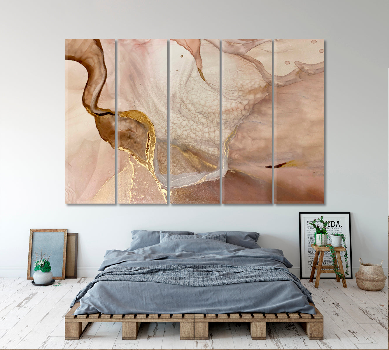Tender Beige And Ivory Pastel Colors Golden Veins Abstract Marble Fluid Art, Oriental Marbling Canvas Print Artesty 5 panels 36" x 24" 