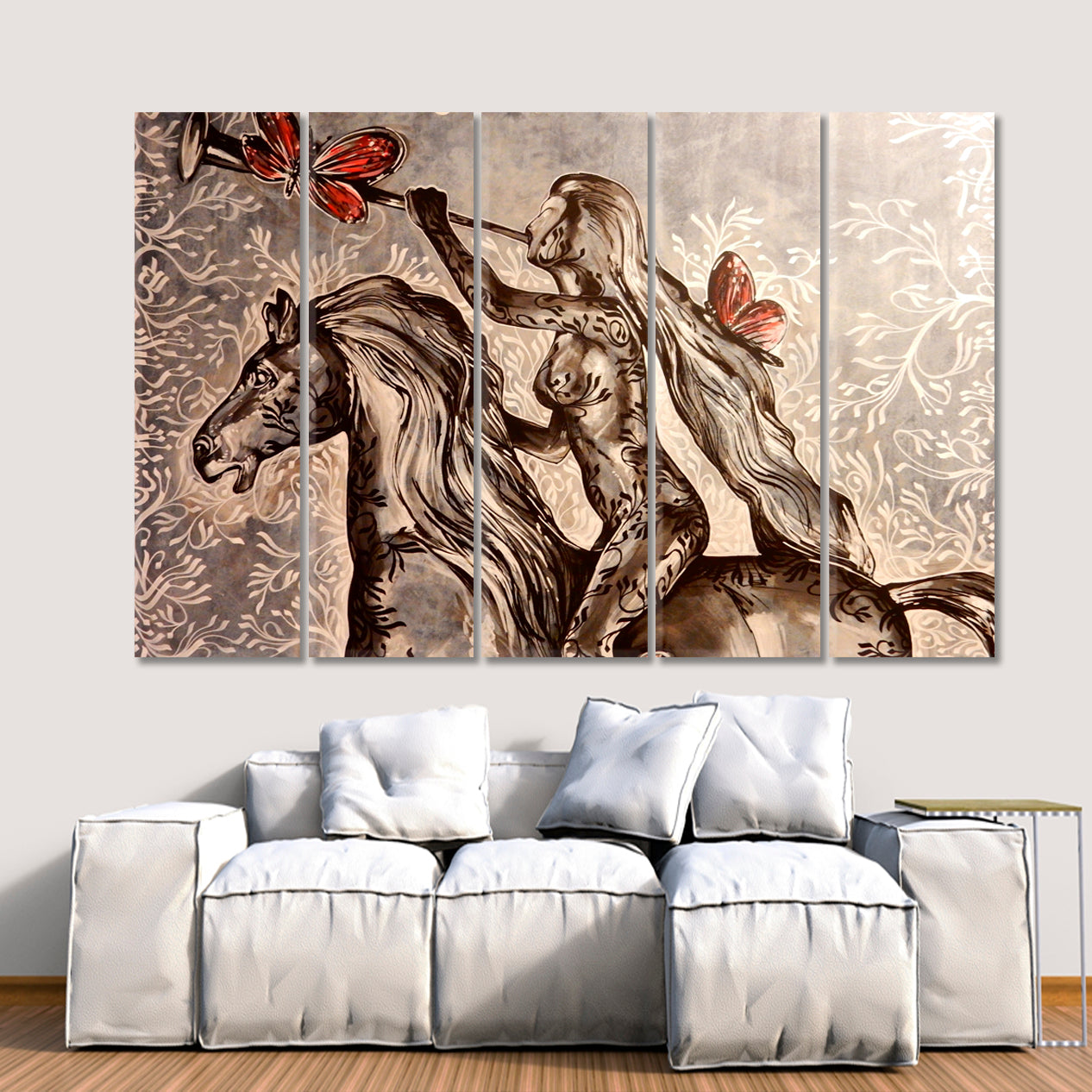 GORGEOUS HORSEWOMAN BEAUTIFUL AMAZON Fine Art Brown Tones Fine Art Artesty 5 panels 36" x 24" 