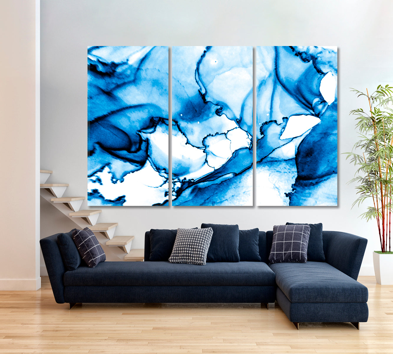 Winter Tones Blue Ink Abstract Marble Veins Fluid Art, Oriental Marbling Canvas Print Artesty 3 panels 36" x 24" 