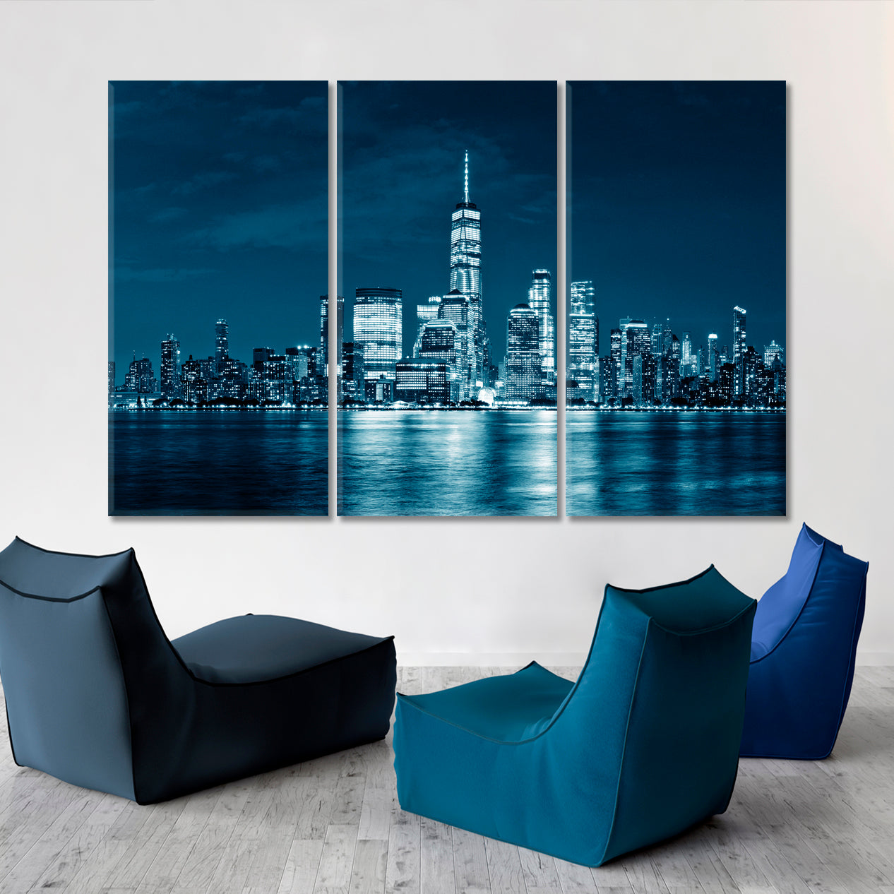 Skyline Modern City New York Dark Blue Artwork Cities Wall Art Artesty 3 panels 36" x 24" 