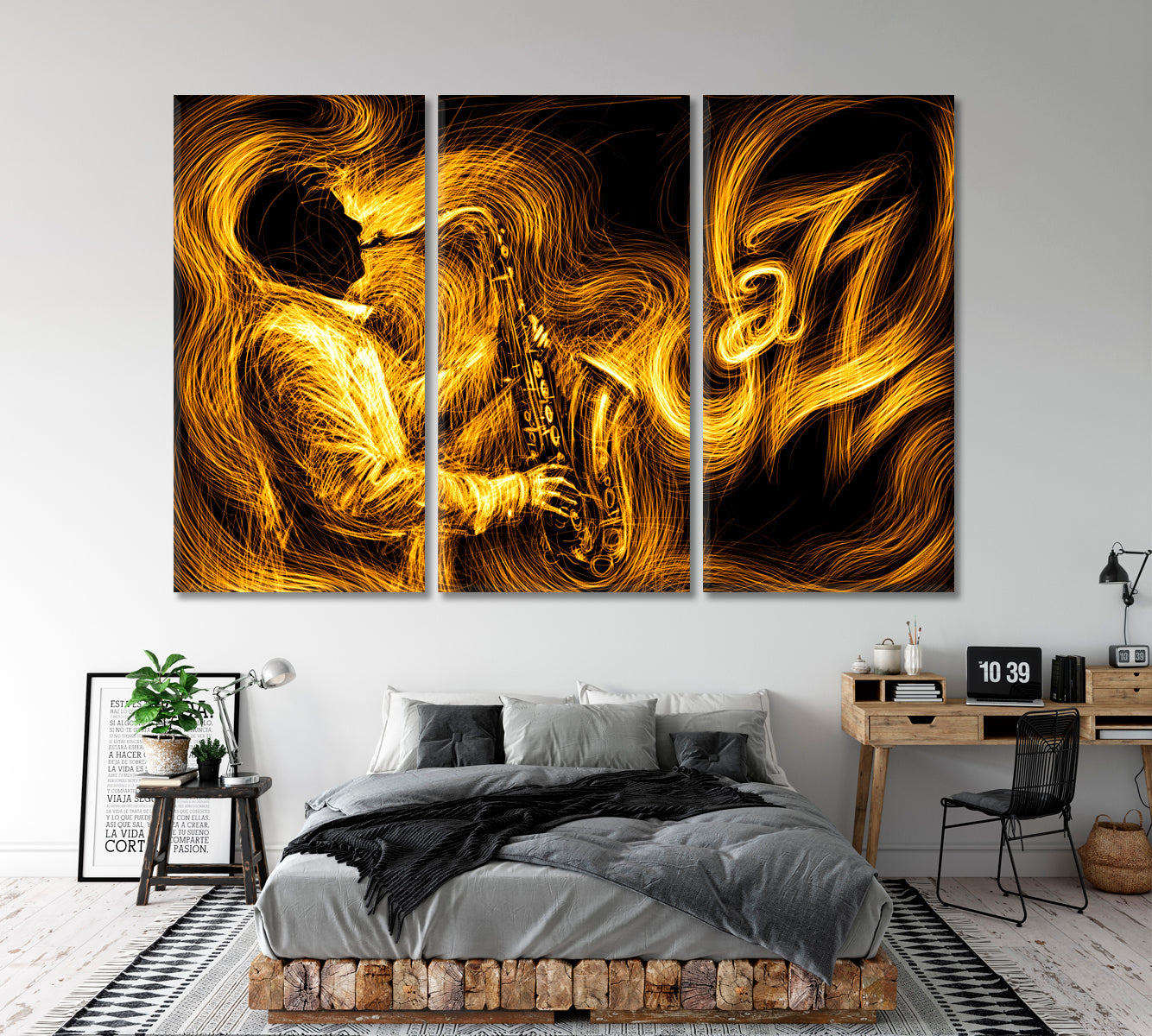 JAZZ Saxophone Player Musician Modern Abstract Lines Music Wall Panels Artesty 3 panels 36" x 24" 