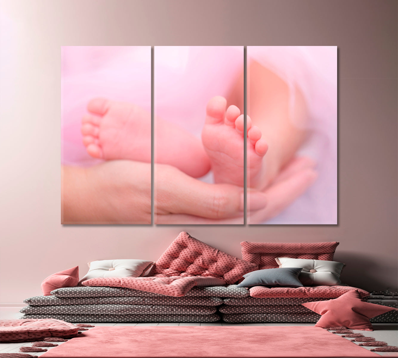 Health Care Protection Happy Parenthood Mothers hand & Little Baby Feet Canvas Print Photo Art Artesty 3 panels 36" x 24" 