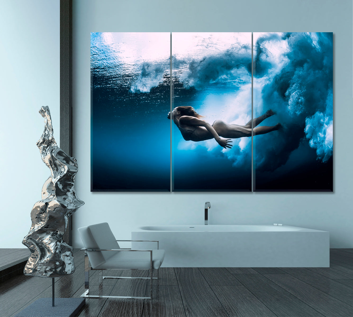 UNDERWATER | Woman Swim Underwater Amazing Shot Canvas Print Nautical, Sea Life Pattern Art Artesty 3 panels 36" x 24" 