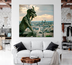 Paris Skyline with the French Gargoyle Photo Art Canvas Print | Square Panel Cities Wall Art Artesty 1 Panel 12"x12" 