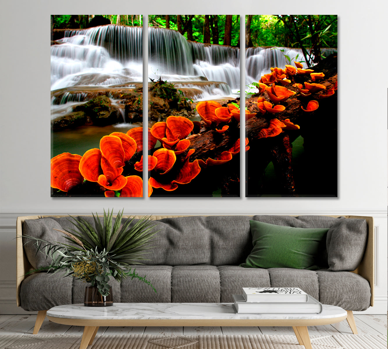 NATURE LANDSCAPE Cascade Waterfalls Orange Mushroom On Tree Nature Wall Canvas Print Artesty 3 panels 36" x 24" 