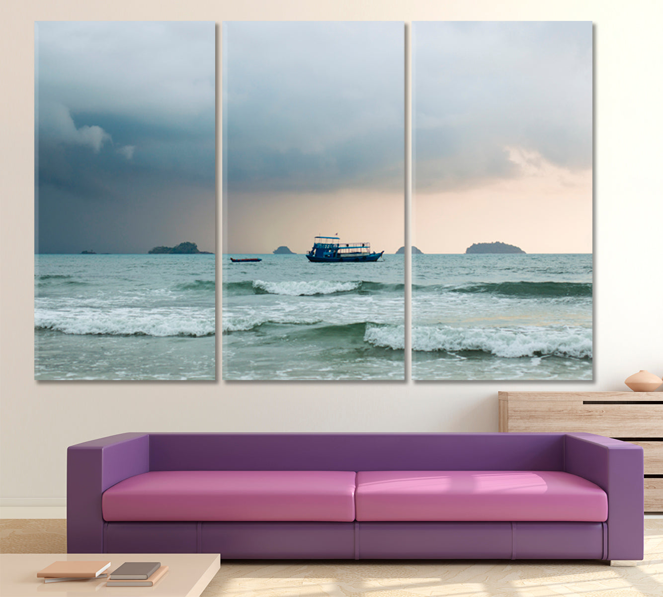 Weathered the Storm | Ship at Sea during a Storm Sailboat Ocean Waves Dark Sky Stormy Seas Skyscape Canvas Artesty 3 panels 36" x 24" 