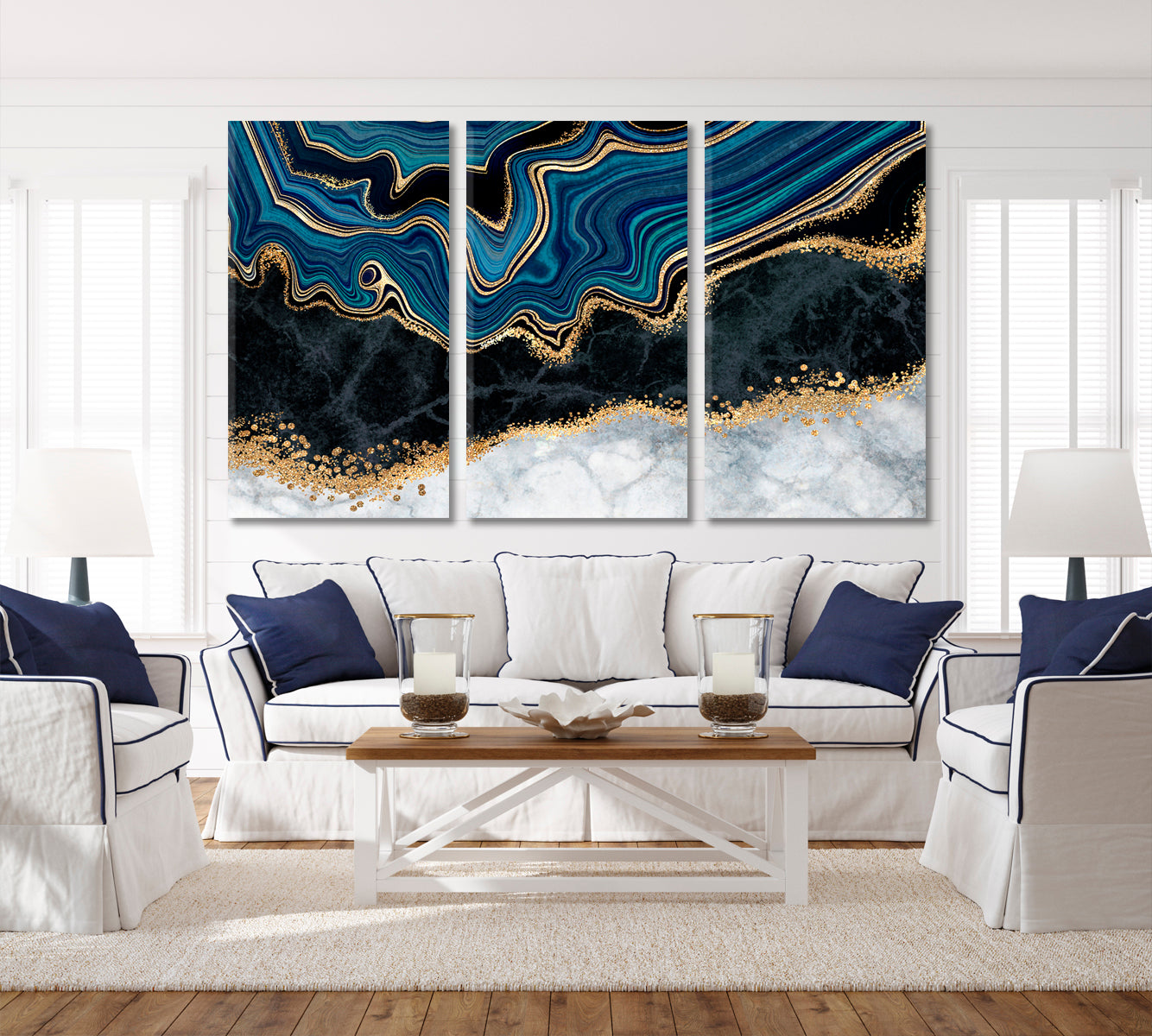 Blue Agate Golden Veins White Black Marble Pattern Abstract Art Print Artesty 3 panels 36" x 24" 