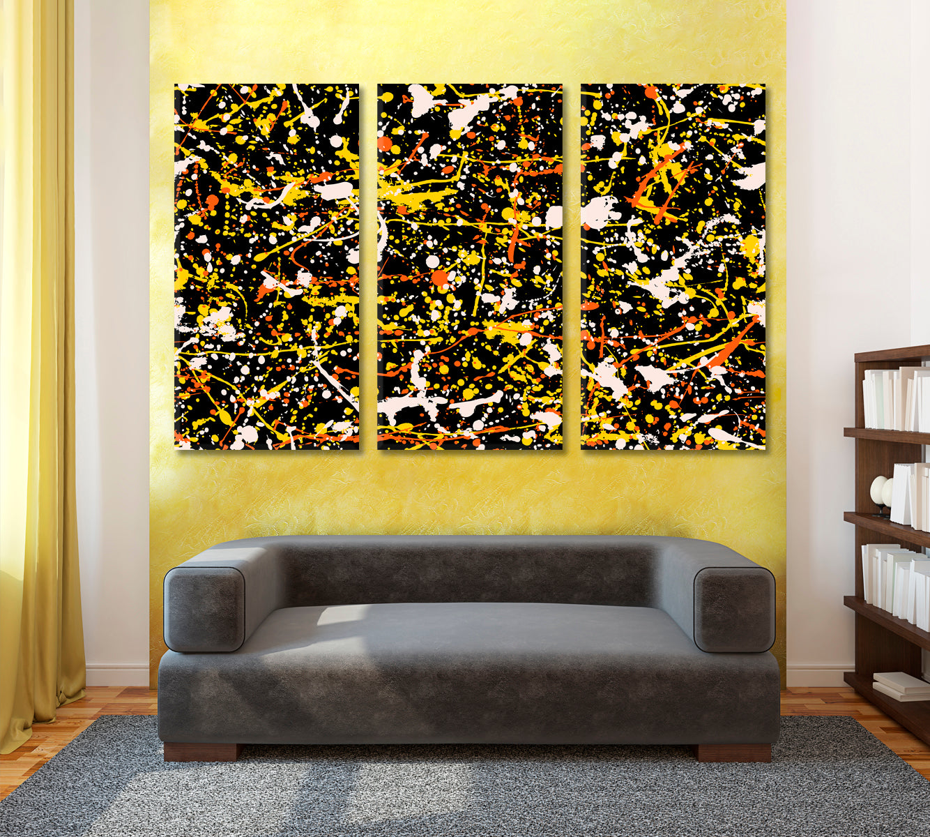 Multicolor Inspired Jackson Pollock Style  Drip Art Abstract Art Print Artesty 3 panels 36" x 24" 